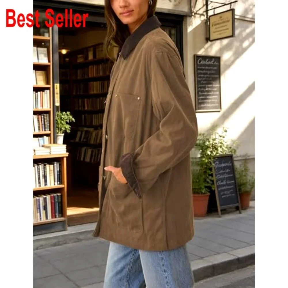Oversized Utility Barn Jacket Corduroy Collar Vintage Workwear with Pockets - Picture 2 of 7